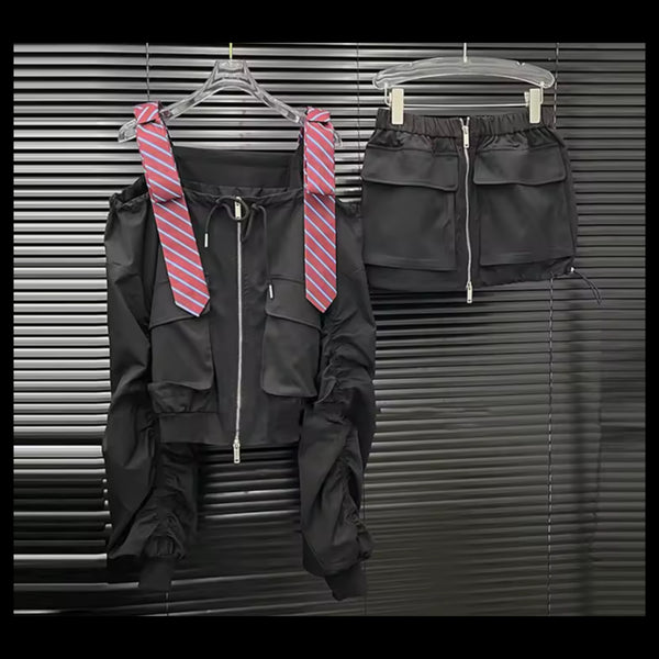 Women Striped Black Off The Shoulder Zip Up Two Piece Skirt Set