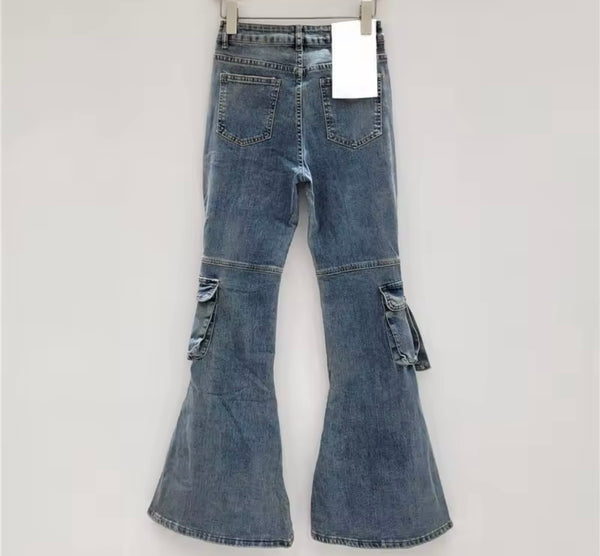 Women Fashion Zipper Cargo Boot Cut Denim Pants