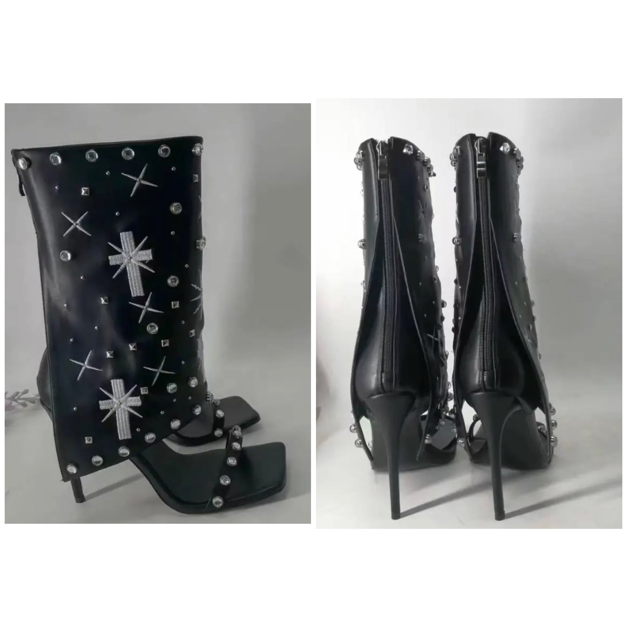 Women Fashion Open Toe Bling Black Faux Leather Ankle Boots