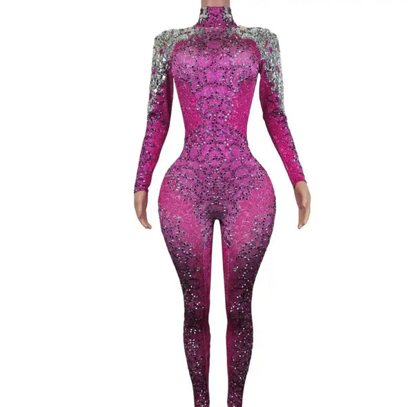 Women Fashion Turtleneck Full Sleeve Beaded Bling Pink Jumpsuit