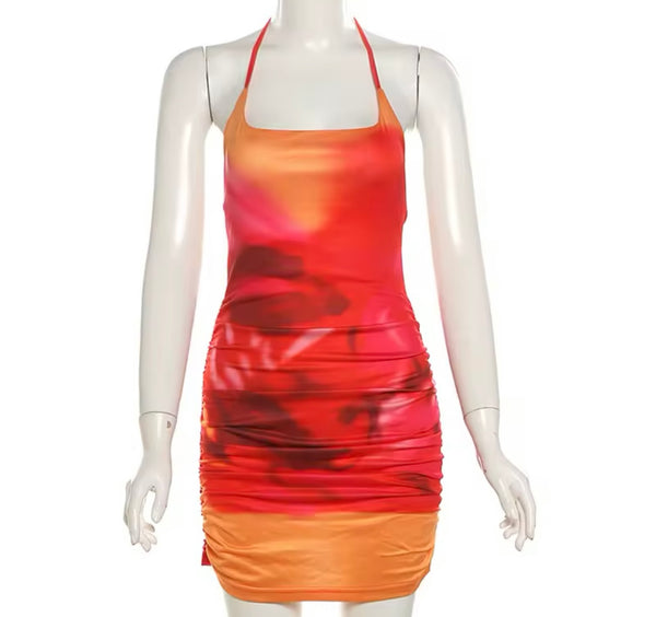 Women Sexy Halter Sleeveless Color Printed Dress