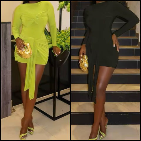 Women Sexy Color Ruched Full Sleeve Dress