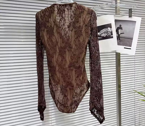 Women Brown Lace Full Sleeve Two Piece Faux Leather Short Set