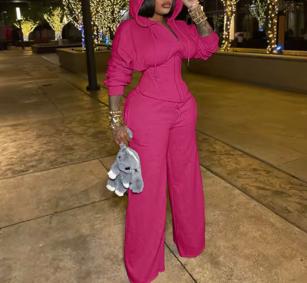 Women Fashion Hooded Corset Tracksuit Two Piece Pant Set