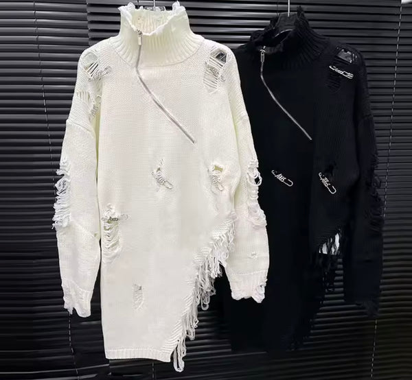 Women Turtleneck Ripped Safety Pin Asymmetrical Zip Up Sweater Top
