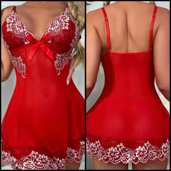 Women Red Sexy Lace Patchwork Nightgown Lingerie