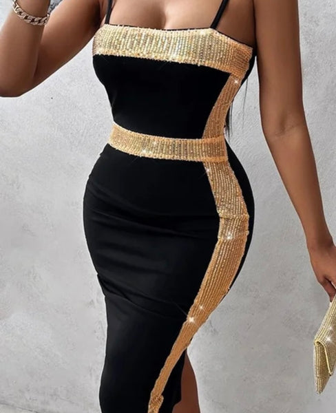 Women Sexy Sleeveless Black Gold Sequins Patchwork Dress