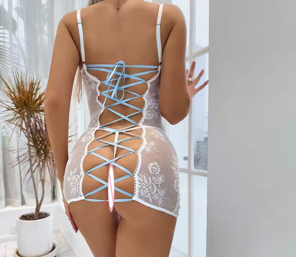 Women White Sexy Sleeveless Lace Open Back Lace Up Lingerie