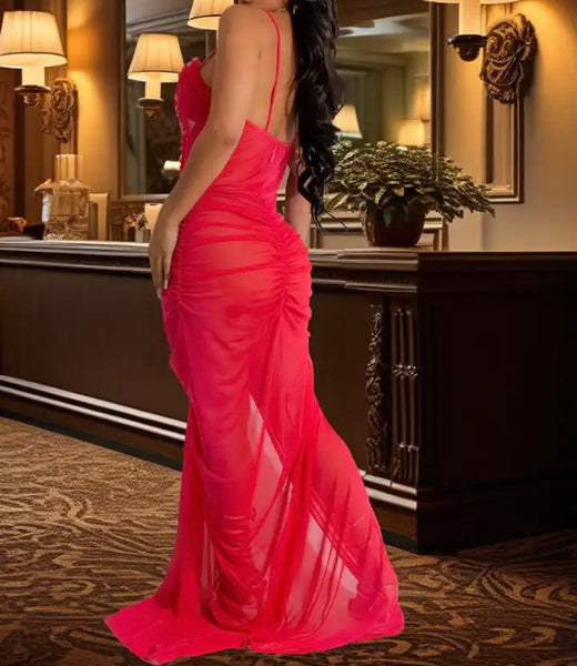 Women Sexy Sleeveless Ruffled Mesh Maxi Dress