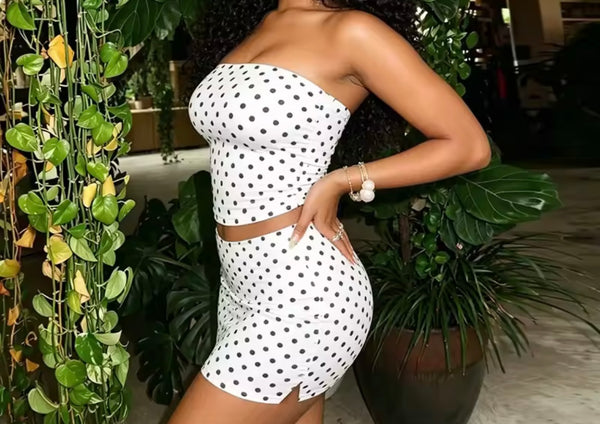Women Sexy Strapless Polka Dot Two Piece Skirt Set