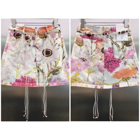 Women Fashion Floral Print Denim Skirt