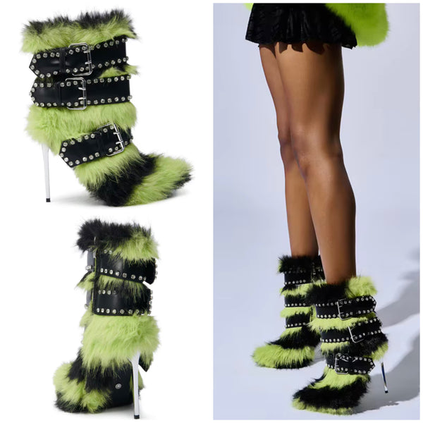 Women Fashion Color Patchwork Buckled Faux Fur Ankle Boots