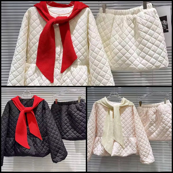 Women Quilted Fashion Hooded Jacket Two Piece Skirt Set