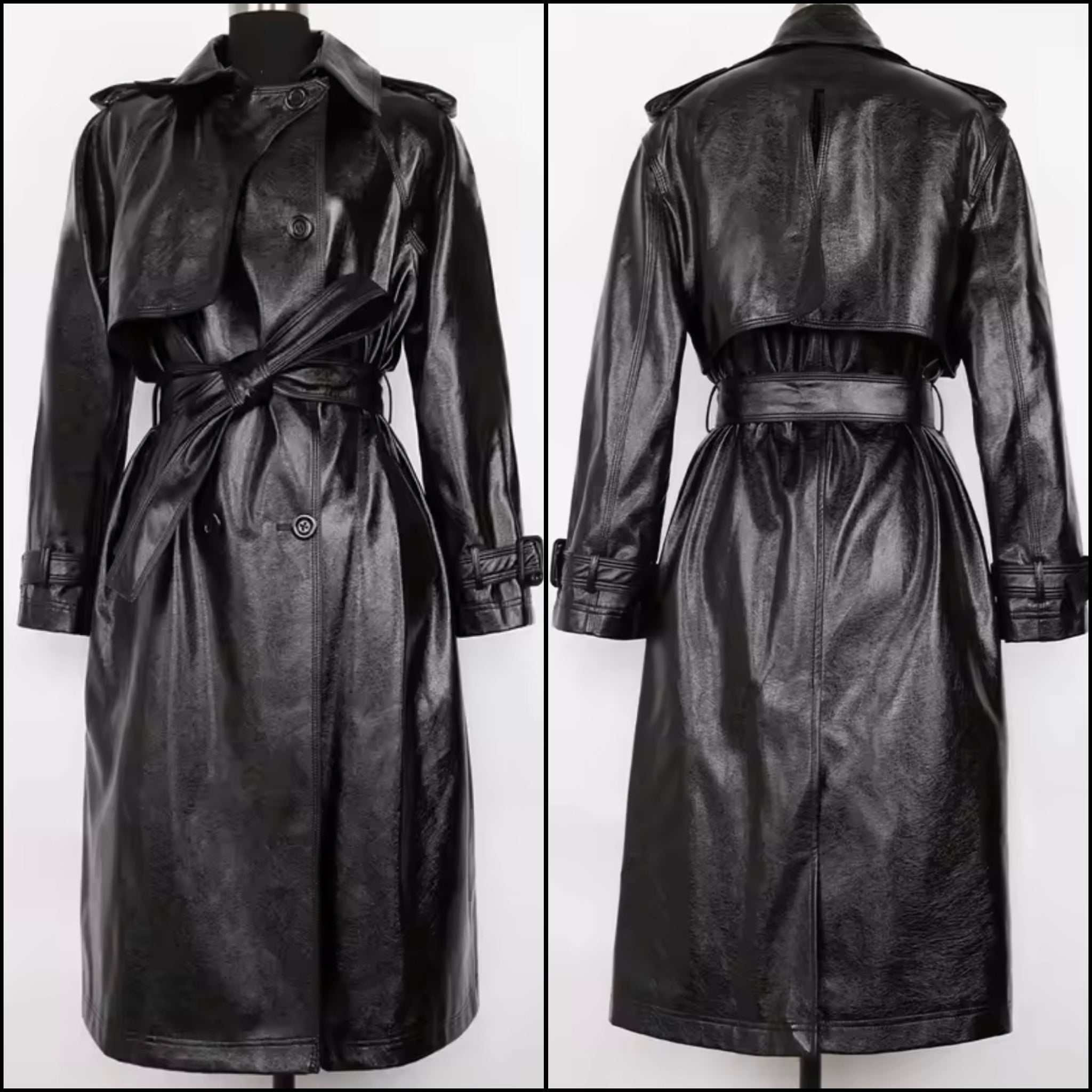 Women Fashion Black Button Up Faux Leather Trench Jacket