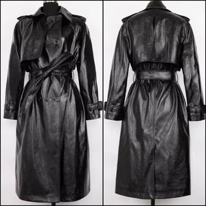 Women Fashion Black Button Up Faux Leather Trench Jacket