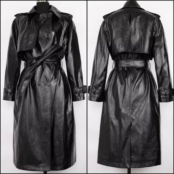 Women Fashion Black Button Up Faux Leather Trench Jacket