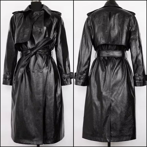 Women Fashion Black Button Up Faux Leather Trench Jacket