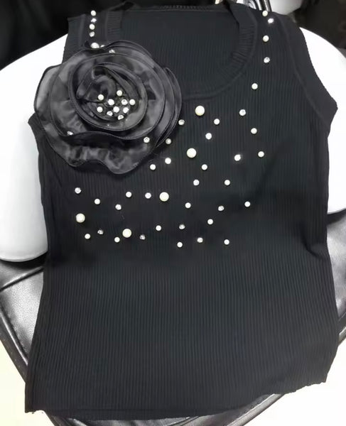 Women Sleeveless Floral Pearl Rhinestone Ribbed Tank Top