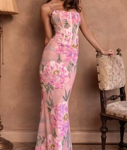 Women Sexy Sleeveless Pink Floral Print Maxi Dress