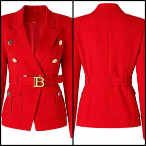 Women Fashion Red Full Sleeve Belted Blazer Top