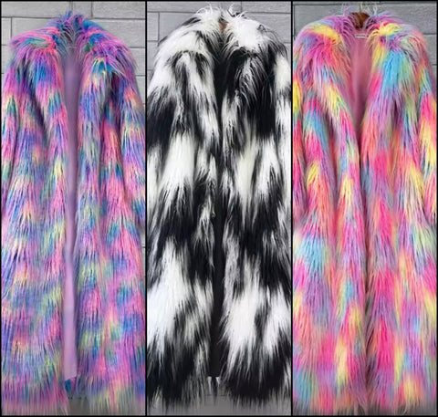 Women Fashion Multicolored Faux Fur Long Trench Jacket