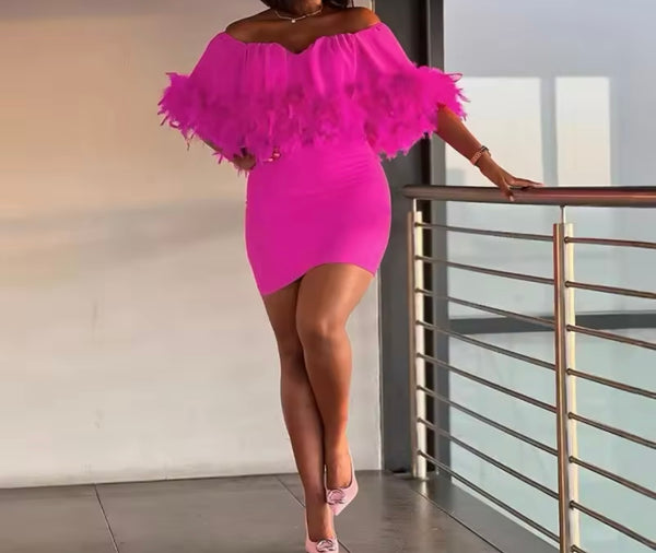 Women Pink Sexy Feather Off The Shoulder Dress