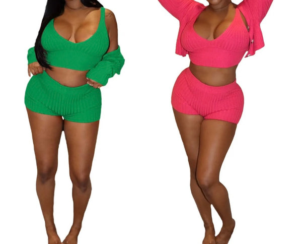 Women Fashion Solid Color Three Piece Short Set