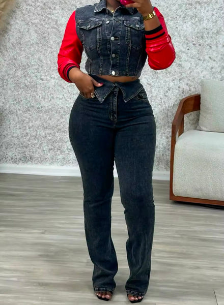 Women Fashion Faux Leather Patchwork Denim Two Piece Pant Set