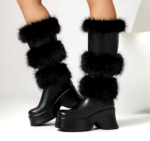 Women Fashion Platform Fur Patchwork Knee High Boots