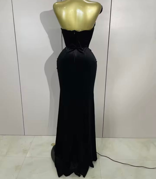 Women Sexy Strapless Rhinestone Black Velour Maxi Dress