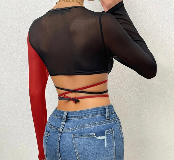 Women Sexy Lace Mesh Color Patchwork Crop Top