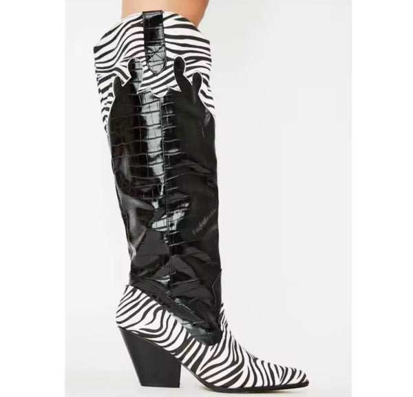 Women Fashion B&W Animal Print Knee High Western Boots