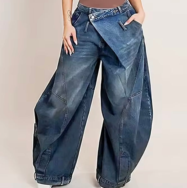 Women Fashion Denim Wrap Wide Leg Pants