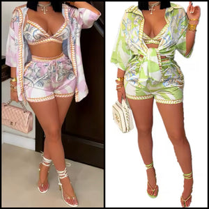 Women Sexy Colorful Printed Three Piece Short Set