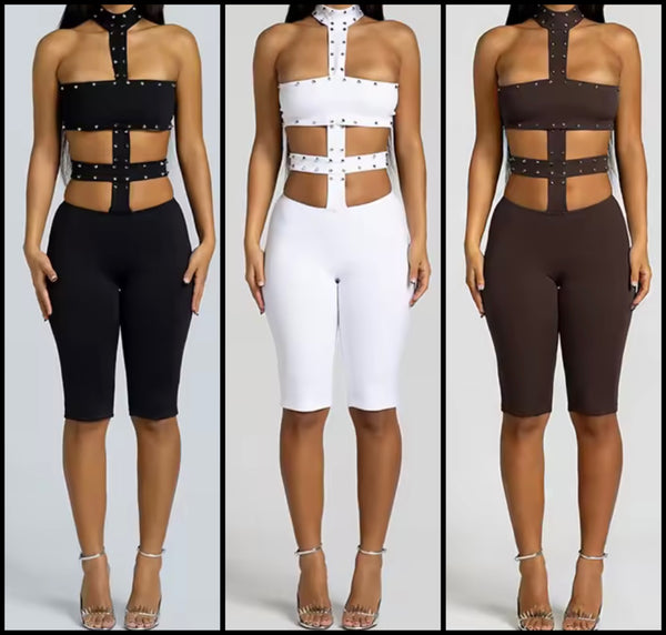 Women Halter Sleeveless Rivet Cut Out Fashion Romper