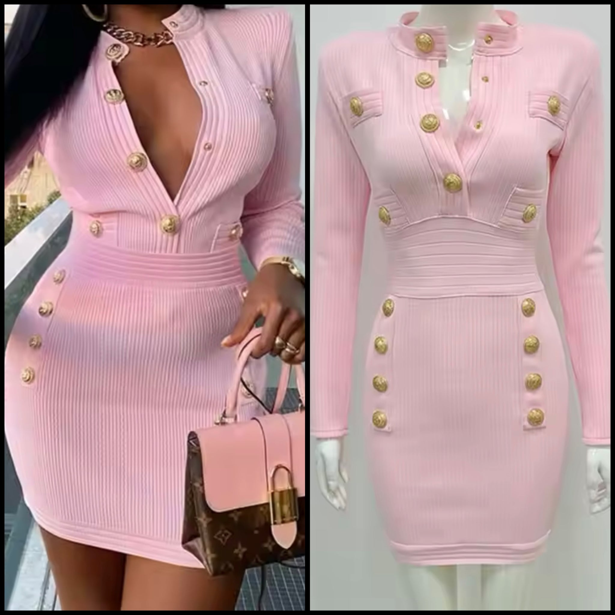 Women Pink Gold Button Full Sleeve Sexy Dress