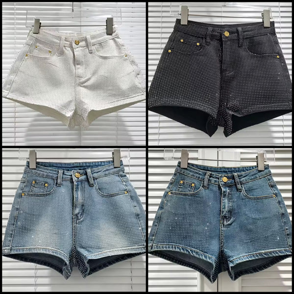 Women Fashion Rhinestone Denim Shorts