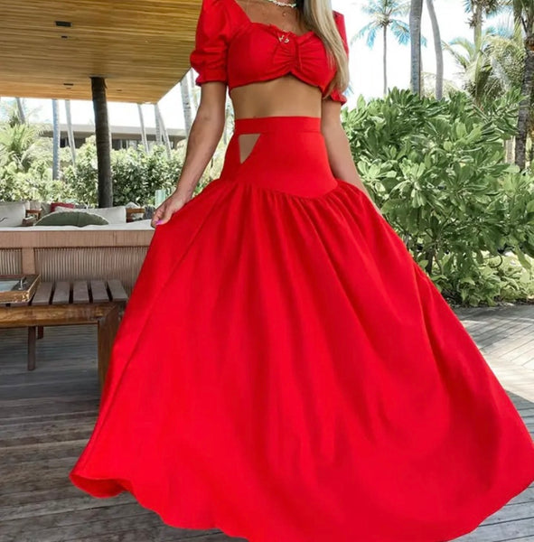 Women Sexy Red Short Sleeve Crop Two Piece Maxi Skirt Set