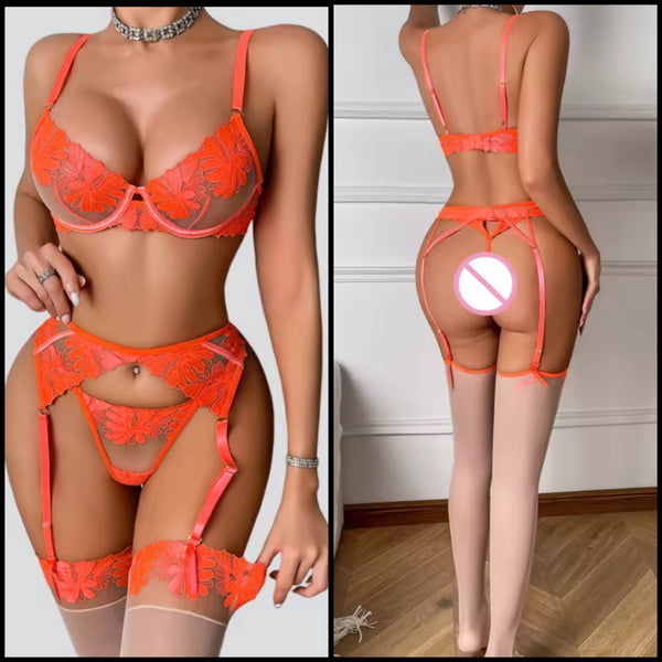 Women Sexy Orange Floral Mesh G-String Lingerie Set