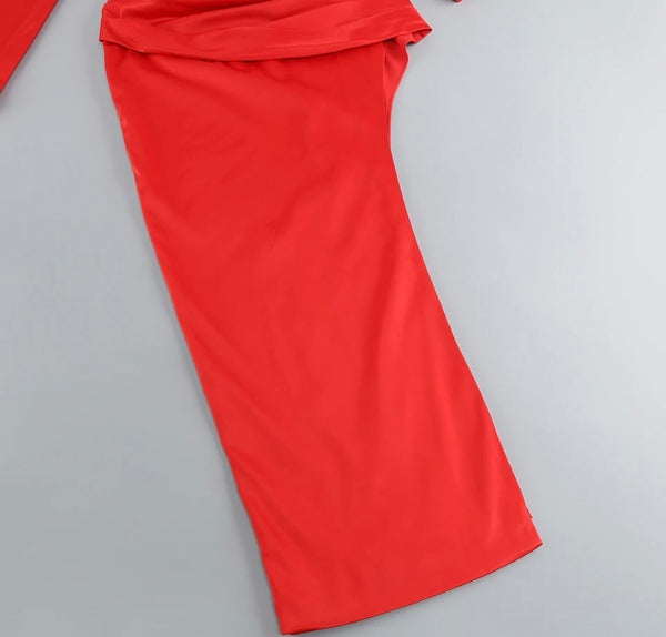 Women Sexy Red Open Back Full Sleeve Asymmetrical Dress