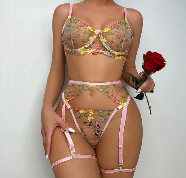 Women Sexy Colorful Floral Mesh Lingerie Set