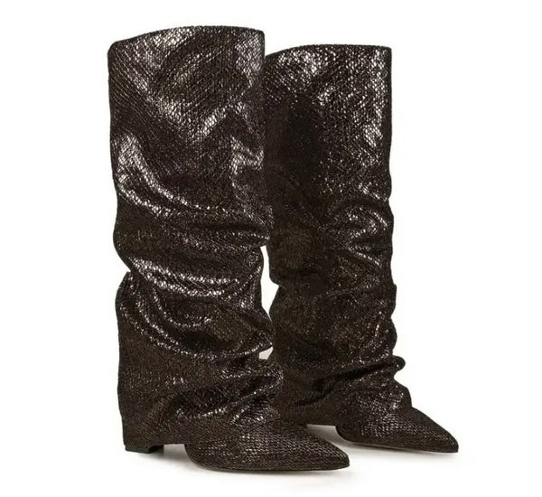 Women Color Ruched Sequins Fashion Knee High Boots