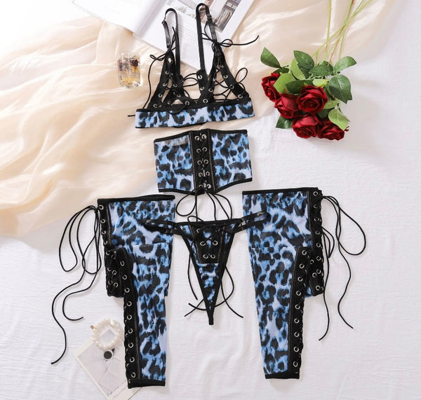 Women Sexy Blue Animal Print Lace Up Lingerie Set