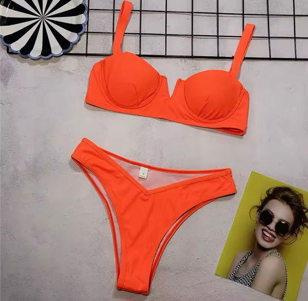 Women Color Ribbed Sexy Bikini Swimsuit