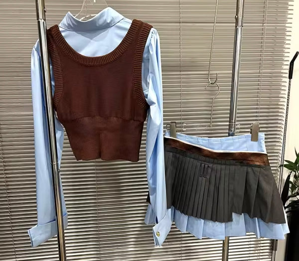 Women Button Up Full Sleeve Sweater Vest Three Piece Skirt Set