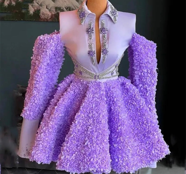 Women Sexy Purple Bling Crystal Full Sleeve Floral Dress