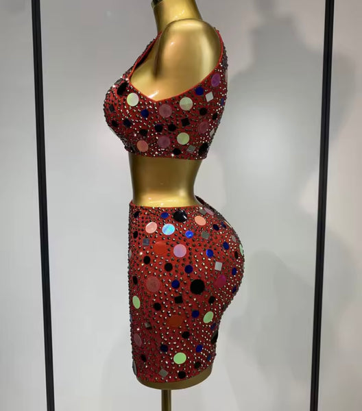 Women Sexy Sleeveless Bling Sequins Two Piece Skirt Set
