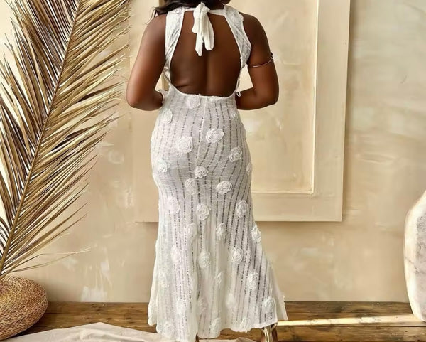 Women Sexy Sleeveless Solid Color Floral Maxi Dress