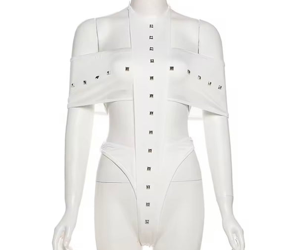 Women Solid Color Rivet Cut Out Sleeveless Bodysuit Top