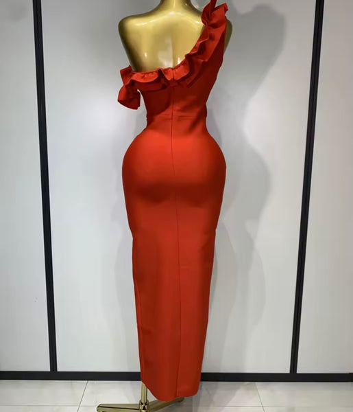 Women Red Ruffled One Shoulder Sleeveless Maxi Dress